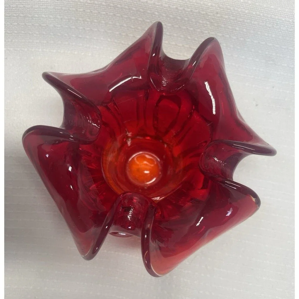 Vintage Murano Glass Votive Candle Holder Trinkets Red Ruffled Edge Decorative